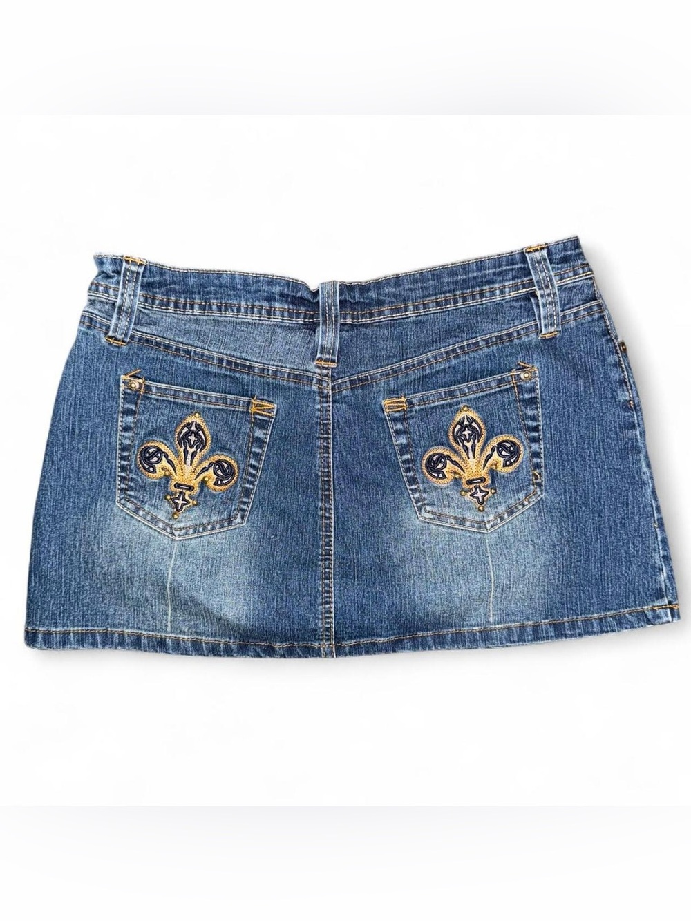 Blue Denim Mini Skirt with Gold Embroidered Fleur-de-Lis 11/12 size